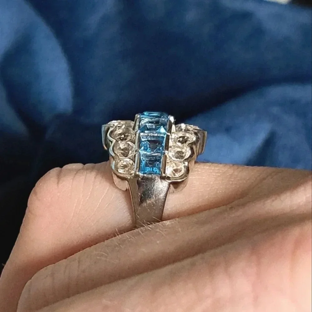 Natural Swiss Blue Topaz & White Topaz Art Deco Style Ring.